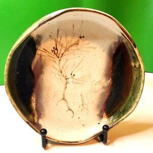 Studio Pottery Pine Tree Branch Shallow Bowl 6"  Rustic Free Form Wabi Sabi Art